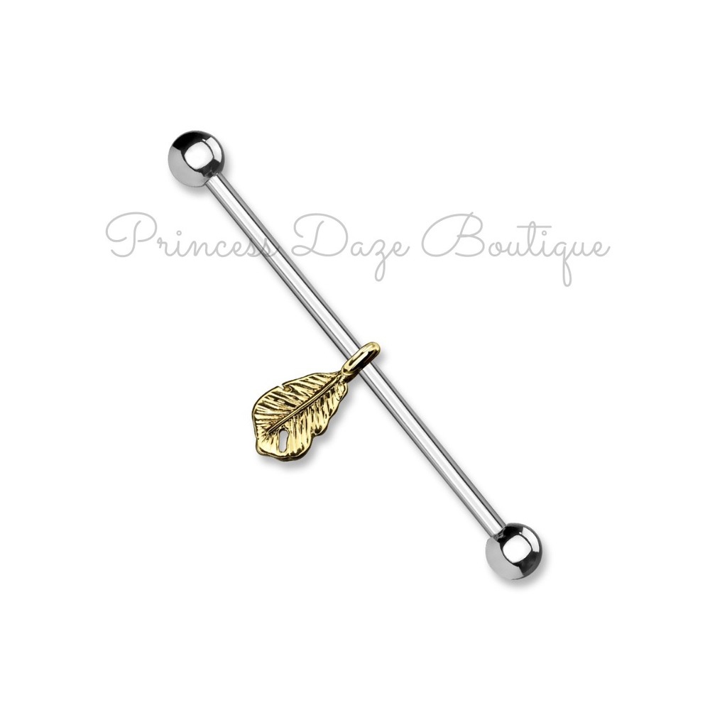 Industrial Barbell Earring Gold Tone‎ Leaf Charm